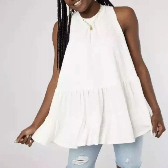 Free People Sleeveless Tunic Tiered Top With Open Back White Size S Oversized - Picture 13 of 13